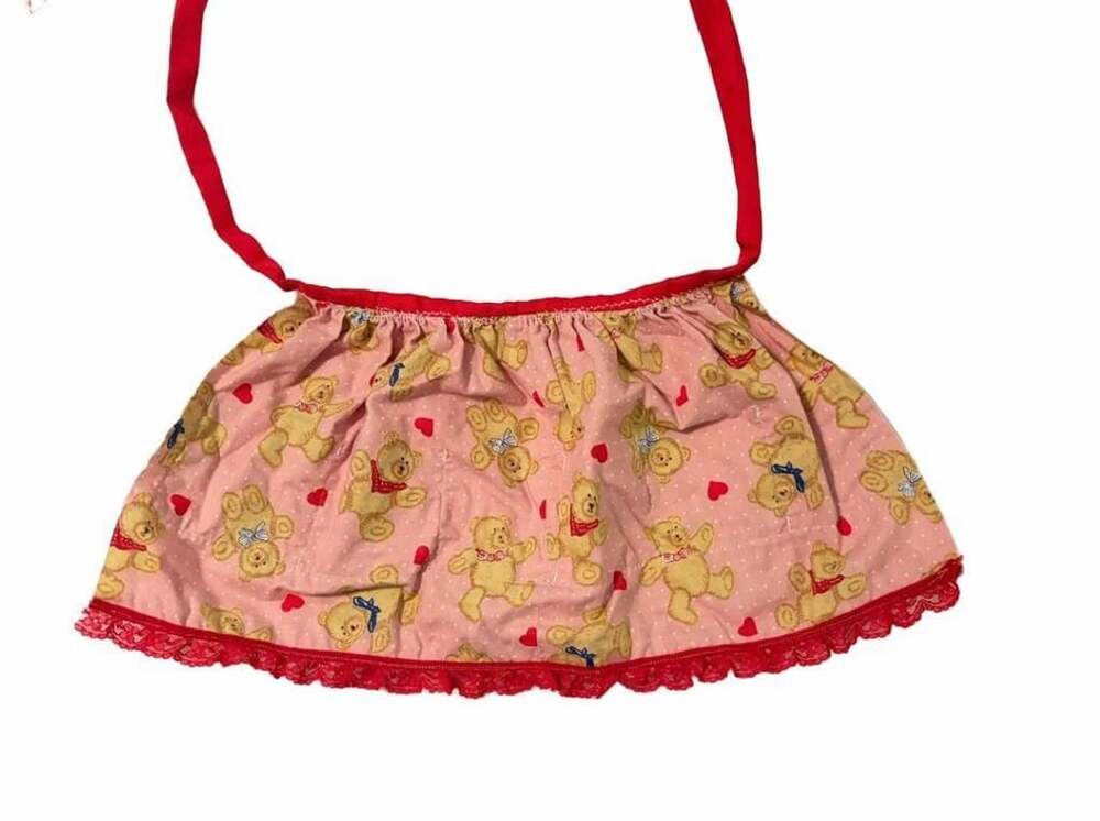 Vintage Youth Teddy Bear Print Apron Pink Red Lace Trim Hearts Novelty